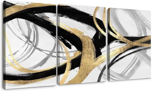 DUWQU 3 Piece Black and Gold Abstract Canvas Wall Art, Modern Black Gold and White Wall Decor, Spiral Brushstrokes Line Art Prints for Living Room Bedroom Office Home Decorations 16×24x3 In in Saudi Arabia