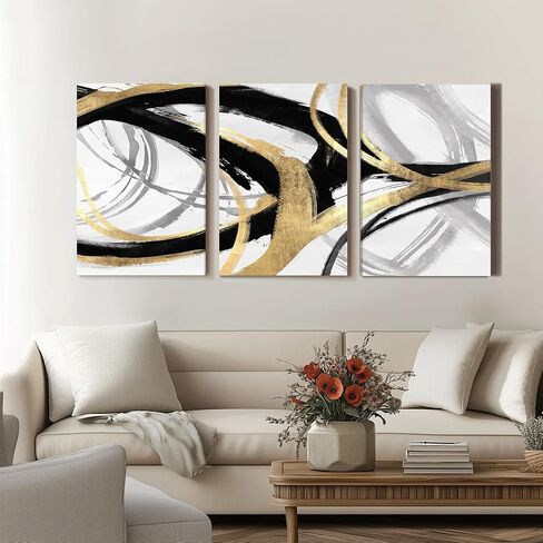 DUWQU 3 Piece Black and Gold Abstract Canvas Wall Art, Modern Black Gold and White Wall Decor, Spiral Brushstrokes Line Art Prints for Living Room Bedroom Office Home Decorations 16×24x3 In in Saudi Arabia