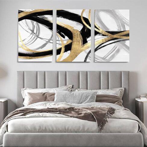 DUWQU 3 Piece Black and Gold Abstract Canvas Wall Art, Modern Black Gold and White Wall Decor, Spiral Brushstrokes Line Art Prints for Living Room Bedroom Office Home Decorations 16×24x3 In in Saudi Arabia