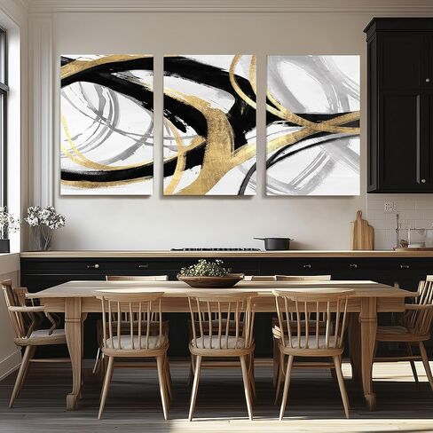 DUWQU 3 Piece Black and Gold Abstract Canvas Wall Art, Modern Black Gold and White Wall Decor, Spiral Brushstrokes Line Art Prints for Living Room Bedroom Office Home Decorations 16×24x3 In in Saudi Arabia