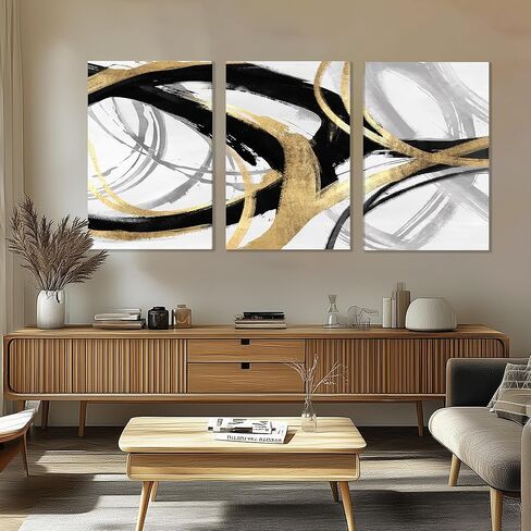DUWQU 3 Piece Black and Gold Abstract Canvas Wall Art, Modern Black Gold and White Wall Decor, Spiral Brushstrokes Line Art Prints for Living Room Bedroom Office Home Decorations 16×24x3 In in Saudi Arabia