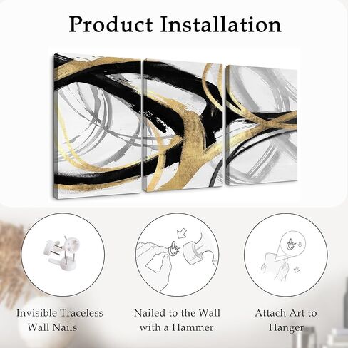 DUWQU 3 Piece Black and Gold Abstract Canvas Wall Art, Modern Black Gold and White Wall Decor, Spiral Brushstrokes Line Art Prints for Living Room Bedroom Office Home Decorations 16×24x3 In in Saudi Arabia