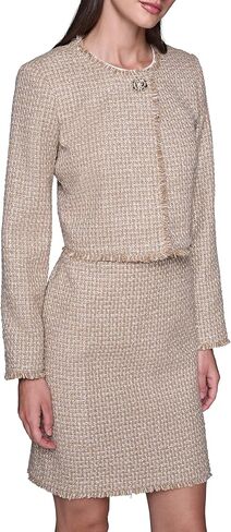KARL LAGERFELD Women's Long Sleeve Fringe Trims Tonal Tweed Single Button Cropped Jacket in Saudi Arabia