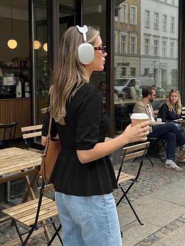 سترة صوفية نسائية بأكمام منتفخة وأكمام قصيرة وأزرار علوية مقصوصة وخصر مفتوح من الأمام ملابس بيبلوم متماسكة 2026 in Kuwait