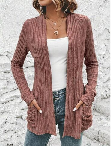 Womens Knit Sweater Long Sleeve Open Front with Pockets Casual Lightweight Ribbed Sweater Outerwear for Daily Wear in Saudi Arabia