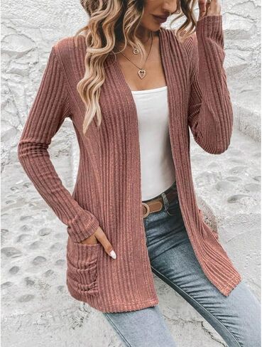 Womens Knit Sweater Long Sleeve Open Front with Pockets Casual Lightweight Ribbed Sweater Outerwear for Daily Wear in Saudi Arabia