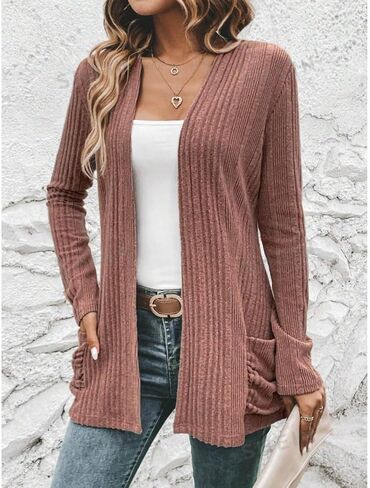 Womens Knit Sweater Long Sleeve Open Front with Pockets Casual Lightweight Ribbed Sweater Outerwear for Daily Wear in Saudi Arabia