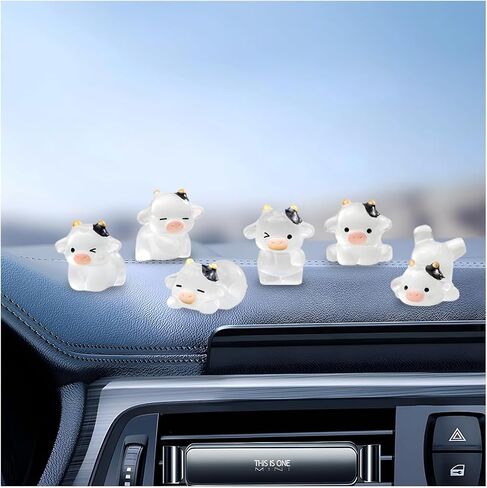 6PCS Cute Luminous Cow Car Dashboard Decor Set, Resin Funny Cow Vehicle Rearview Mirror Ornament, Mini Auto Interior Cartoon Animal Trim Accessories, Universal for SUV Sedan Truck in Saudi Arabia