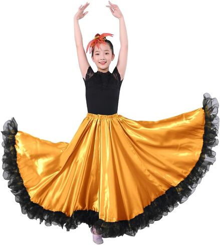Girls Long Flamenco Mexican Dance Skirt - Elastic Waist Spanish Style Big Swing Skirt for Class Practice Performance in Kuwait