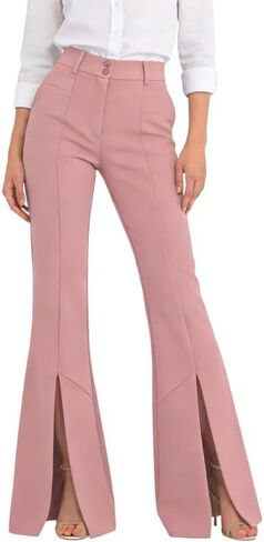 Women's Dress Flared Pants High Waist with Front Center Slits Button Waistband for Office Casual Wear in Saudi Arabia