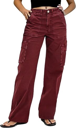 Flamingals Straight Leg Pants for Women Mid Rise Casual Vintage Patch Pockets Solid Pants in Kuwait
