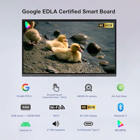 75" 4K Smart Board,Google EDLA Certified with 50MP AI Camera,40-Point Touch Digital Whiteboard,Android 14, 8+128GB,SmartBoard for Classroom Office Home（Wall Mount Included） (75 Inch) in Saudi Arabia