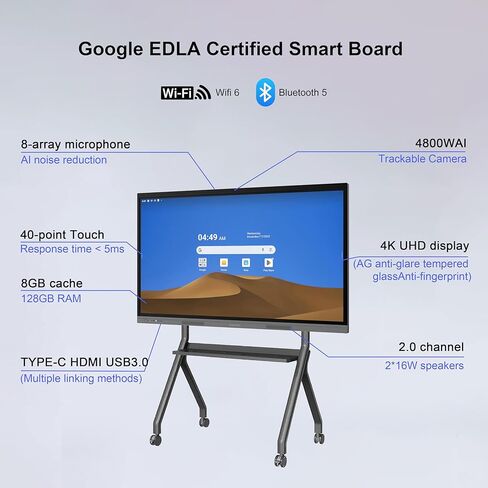 75" 4K Smart Board,Google EDLA Certified with 50MP AI Camera,40-Point Touch Digital Whiteboard,Android 14, 8+128GB,SmartBoard for Classroom Office Home（Wall Mount Included） (75 Inch) in Saudi Arabia