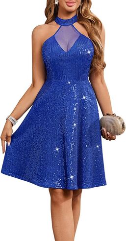 Halter Sequin Mini Dress for Women – Mesh Illusion Neckline Sparkly Fit & Flare Club Night Out Party Dress in Saudi Arabia