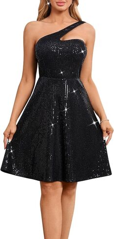 One Shoulder Sequin Mini Dress for Women – Sparkly Asymmetric Neckline Fit & Flare Club Night Out Party Dress in Saudi Arabia