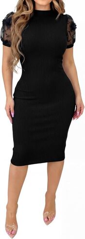 Fastkoala Elegant Ribbed Knit Dress for Women - Sheer Mesh Floral Sleeve Bodycon Midi Dress for Party Night Out in Kuwait