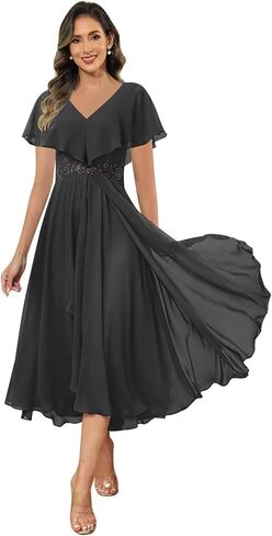 Tea Length Mother of The Bride Dresses for Wedding Cape Sleeves Applique V-Neck Chiffon Formal Dress in Saudi Arabia