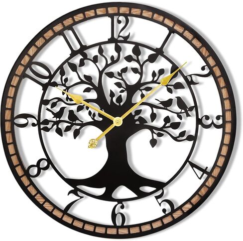 Large Wall Clock,14“ Tree of Life Metal & Wood Wall Clock with Bird Design,Decorative Non-Ticking Wall Clock for Living Room,Farmhouse Home Decor in Saudi Arabia