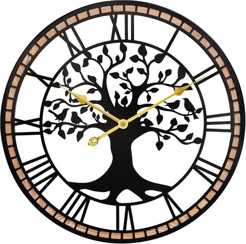 Large Wall Clock,14“ Tree of Life Metal & Wood Wall Clock with Bird Design,Decorative Non-Ticking Wall Clock for Living Room,Farmhouse Home Decor in Saudi Arabia
