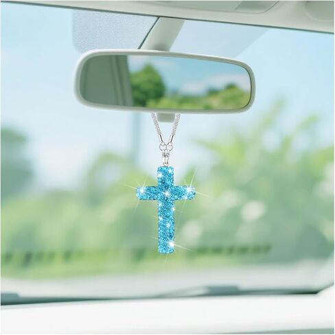 BESULEN Bling Cross Car Hanging Charm, Lucky Crystal Rhinestone Vehicle Rear View Mirror Ornament Pendant, Cute Diamond Auto Rearview Mirror Decoration, Universal for SUV Truck Sedan (Blue) in Saudi Arabia