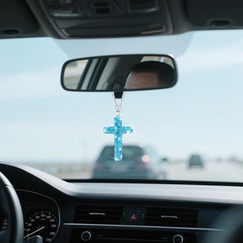 BESULEN Bling Cross Car Hanging Charm, Lucky Crystal Rhinestone Vehicle Rear View Mirror Ornament Pendant, Cute Diamond Auto Rearview Mirror Decoration, Universal for SUV Truck Sedan (Blue) in Saudi Arabia