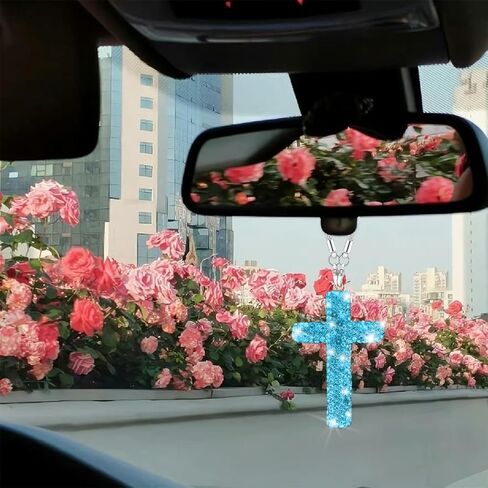 BESULEN Bling Cross Car Hanging Charm, Lucky Crystal Rhinestone Vehicle Rear View Mirror Ornament Pendant, Cute Diamond Auto Rearview Mirror Decoration, Universal for SUV Truck Sedan (Blue) in Saudi Arabia