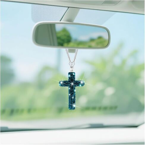BESULEN Bling Cross Car Hanging Charm, Lucky Crystal Rhinestone Vehicle Rear View Mirror Ornament Pendant, Cute Diamond Auto Rearview Mirror Decoration, Universal for SUV Truck Sedan (Blue) in Saudi Arabia