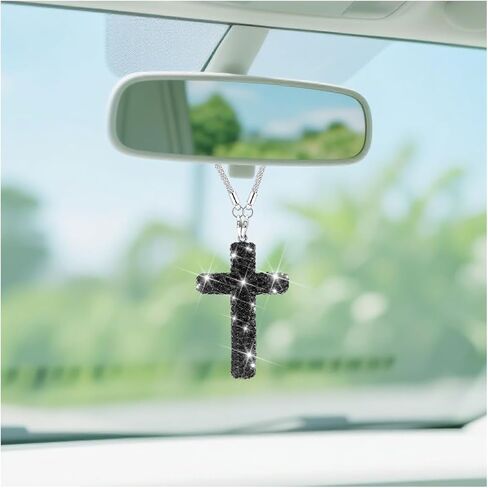 BESULEN Bling Cross Car Hanging Charm, Lucky Crystal Rhinestone Vehicle Rear View Mirror Ornament Pendant, Cute Diamond Auto Rearview Mirror Decoration, Universal for SUV Truck Sedan (Blue) in Saudi Arabia