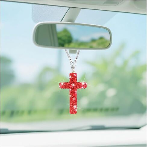 BESULEN Bling Cross Car Hanging Charm, Lucky Crystal Rhinestone Vehicle Rear View Mirror Ornament Pendant, Cute Diamond Auto Rearview Mirror Decoration, Universal for SUV Truck Sedan (Blue) in Saudi Arabia