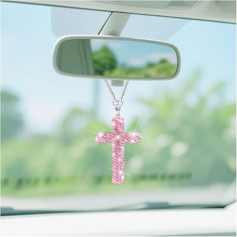 BESULEN Bling Cross Car Hanging Charm, Lucky Crystal Rhinestone Vehicle Rear View Mirror Ornament Pendant, Cute Diamond Auto Rearview Mirror Decoration, Universal for SUV Truck Sedan (Blue) in Saudi Arabia