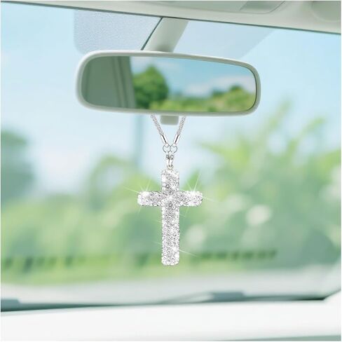 BESULEN Bling Cross Car Hanging Charm, Lucky Crystal Rhinestone Vehicle Rear View Mirror Ornament Pendant, Cute Diamond Auto Rearview Mirror Decoration, Universal for SUV Truck Sedan (Blue) in Saudi Arabia