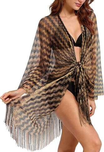 CosInStyle Women's Metallic Sparkle Beach Cover Up, Striped Sheer Mesh Swimsuit Wrap with Fringe, Summer Poolside Kimono in Kuwait