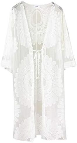 Boho Floral Lace Crochet Cover Up Kimono Open Front Beach Tunic Lightweight Mesh Bikini Swimsuit Cardigan in Saudi Arabia
