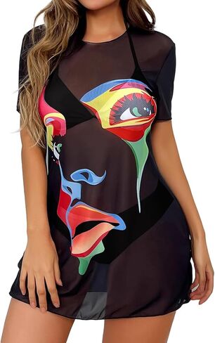 Testudineus Women Sexy Beach Cover Ups See Through Sheer Mesh Short Sleeve T-Shirt Dress in Saudi Arabia