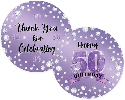 50pcs Purple Happy 50th Birthday Stickers, 50th Birthday Thank You Stickers, Pearl Cheers to 50 Years Labels for Women, Women Birthday Party Favors in Saudi Arabia