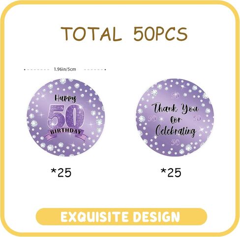 50pcs Purple Happy 50th Birthday Stickers, 50th Birthday Thank You Stickers, Pearl Cheers to 50 Years Labels for Women, Women Birthday Party Favors in Saudi Arabia