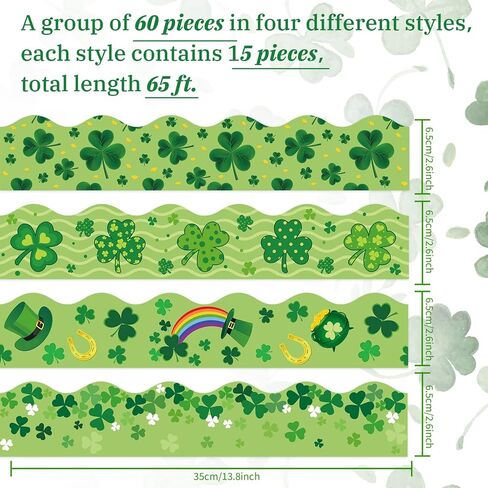 AnyDesign 65 Ft St. Patrick's Day Bulletin Board Borders Shamrock Clover Rolled Scalloped Border Trim 4 Styles 60 Pcs Green Bulletin Board Stickers for Decoration Irish Party Home Office Classroom in Saudi Arabia