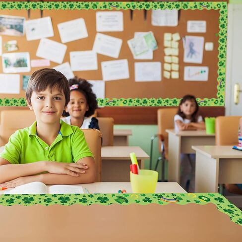 AnyDesign 65 Ft St. Patrick's Day Bulletin Board Borders Shamrock Clover Rolled Scalloped Border Trim 4 Styles 60 Pcs Green Bulletin Board Stickers for Decoration Irish Party Home Office Classroom in Saudi Arabia