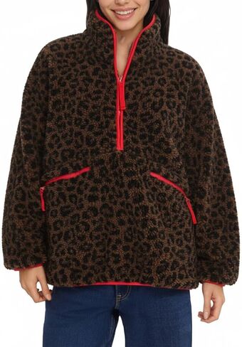 Women's Oversized Leopard Print Sherpa Jacket Half-Zip Plush Fleece Pullover Outerwear with Pockets in Saudi Arabia
