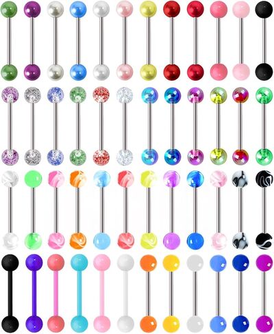 48 قطعة 14 جرام من حلقات اللسان الجراحية المصنوعة من الفولاذ المقاوم للصدأ وقضبان اللسان المستقيمة وقضبان ثقب المجوهرات اللطيفة للنساء المتوهجة في لون الحلوى الداكن وحلقة اللسان 16 مم in Kuwait