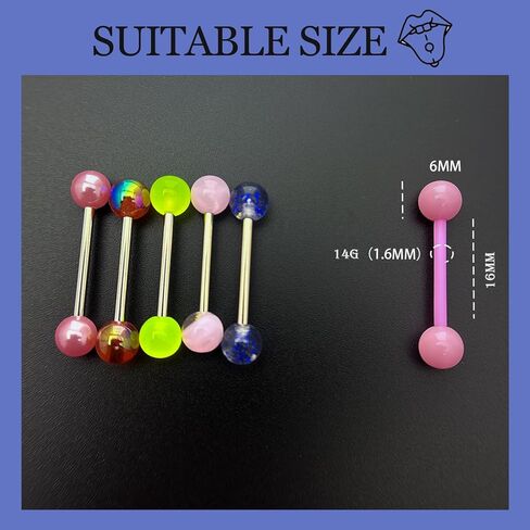 48 قطعة 14 جرام من حلقات اللسان الجراحية المصنوعة من الفولاذ المقاوم للصدأ وقضبان اللسان المستقيمة وقضبان ثقب المجوهرات اللطيفة للنساء المتوهجة في لون الحلوى الداكن وحلقة اللسان 16 مم in Kuwait