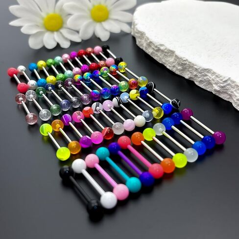 48 قطعة 14 جرام من حلقات اللسان الجراحية المصنوعة من الفولاذ المقاوم للصدأ وقضبان اللسان المستقيمة وقضبان ثقب المجوهرات اللطيفة للنساء المتوهجة في لون الحلوى الداكن وحلقة اللسان 16 مم in Kuwait