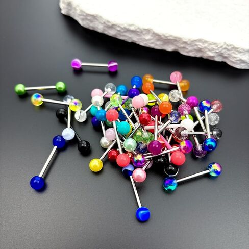 48 قطعة 14 جرام من حلقات اللسان الجراحية المصنوعة من الفولاذ المقاوم للصدأ وقضبان اللسان المستقيمة وقضبان ثقب المجوهرات اللطيفة للنساء المتوهجة في لون الحلوى الداكن وحلقة اللسان 16 مم in Kuwait