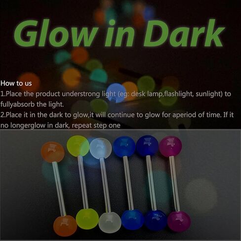 48 قطعة 14 جرام من حلقات اللسان الجراحية المصنوعة من الفولاذ المقاوم للصدأ وقضبان اللسان المستقيمة وقضبان ثقب المجوهرات اللطيفة للنساء المتوهجة في لون الحلوى الداكن وحلقة اللسان 16 مم in Kuwait