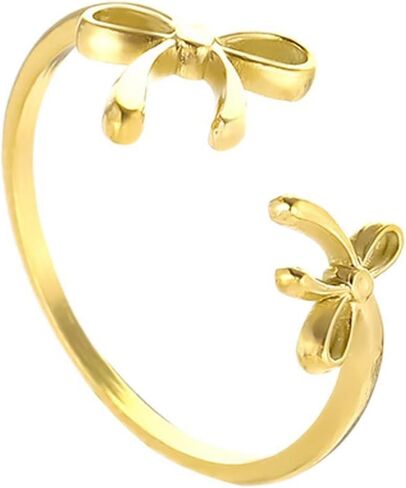 Double Bow Knot Open Ring for Women Stainless Steel Gold Plated Ribbon Bows Adjustable Stacking Statement Wrap Finger Rings Engagement Wedding Friendship Bands Minimalist Birthday Jewelry in Saudi Arabia
