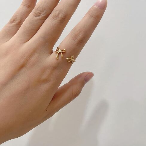 Double Bow Knot Open Ring for Women Stainless Steel Gold Plated Ribbon Bows Adjustable Stacking Statement Wrap Finger Rings Engagement Wedding Friendship Bands Minimalist Birthday Jewelry in Saudi Arabia