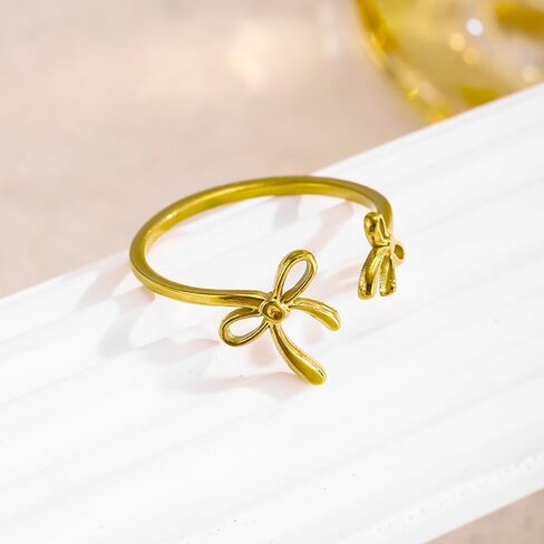 Double Bow Knot Open Ring for Women Stainless Steel Gold Plated Ribbon Bows Adjustable Stacking Statement Wrap Finger Rings Engagement Wedding Friendship Bands Minimalist Birthday Jewelry in Saudi Arabia