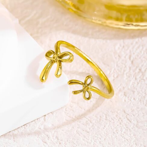 Double Bow Knot Open Ring for Women Stainless Steel Gold Plated Ribbon Bows Adjustable Stacking Statement Wrap Finger Rings Engagement Wedding Friendship Bands Minimalist Birthday Jewelry in Saudi Arabia