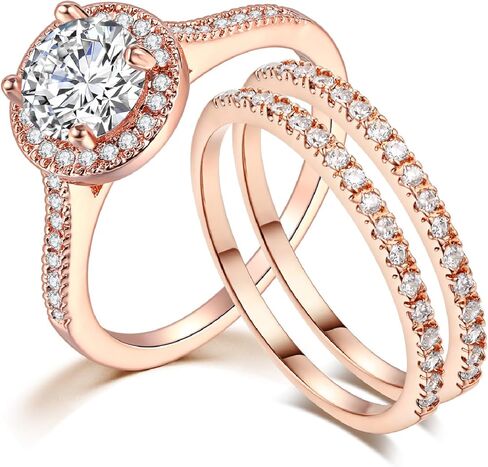 Wedding Ring Set for Women Three-in-One Engagement Rings 18K White/Rose Gold Plated Cubic Zirconia Promise Eternity Band Stackable Rings for Size 5-10 in Saudi Arabia