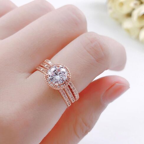 Wedding Ring Set for Women Three-in-One Engagement Rings 18K White/Rose Gold Plated Cubic Zirconia Promise Eternity Band Stackable Rings for Size 5-10 in Saudi Arabia